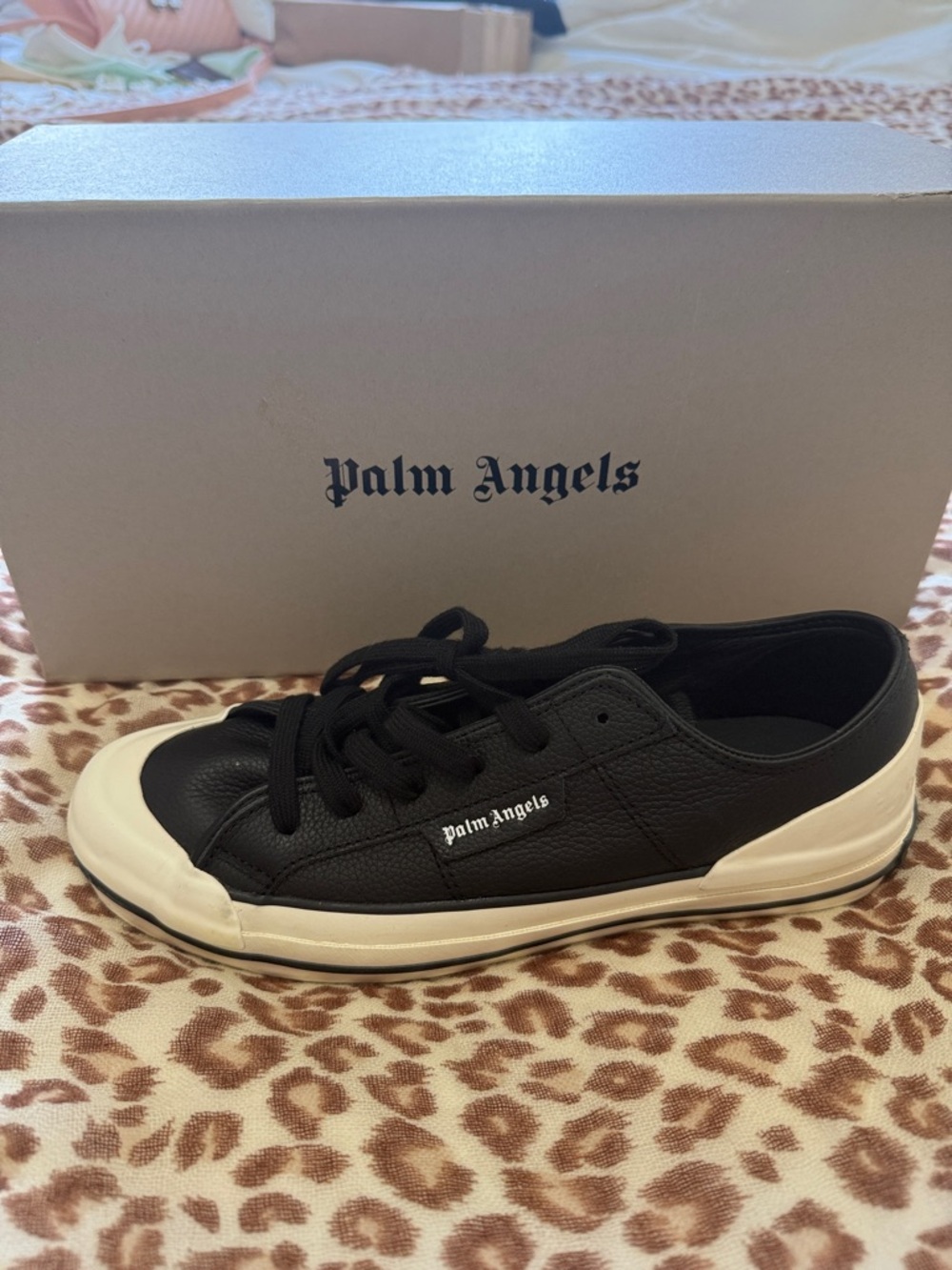 Palm Angels Black Leather Low-Top Sneakers with Cream Sole
